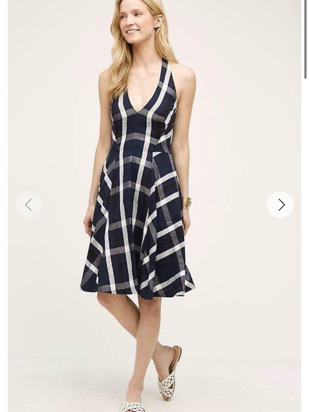 Eva Franco Linen Blend Plaid Halter Fit Flare Dress Navy White‎ 10